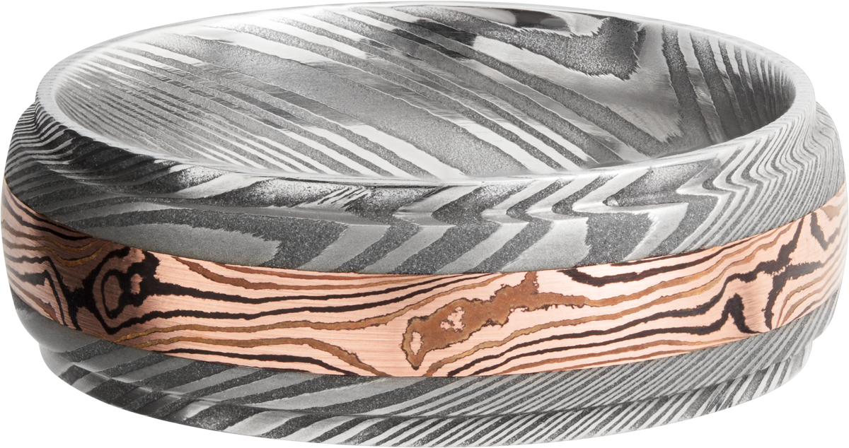 Handmade 7mm Damascus steel band featuring an inlay of Mokume Gane