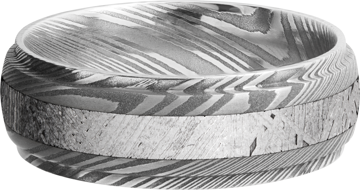 Handmade 7mm Damascus steel band with an inlay of authentic Gibeon Meteorite