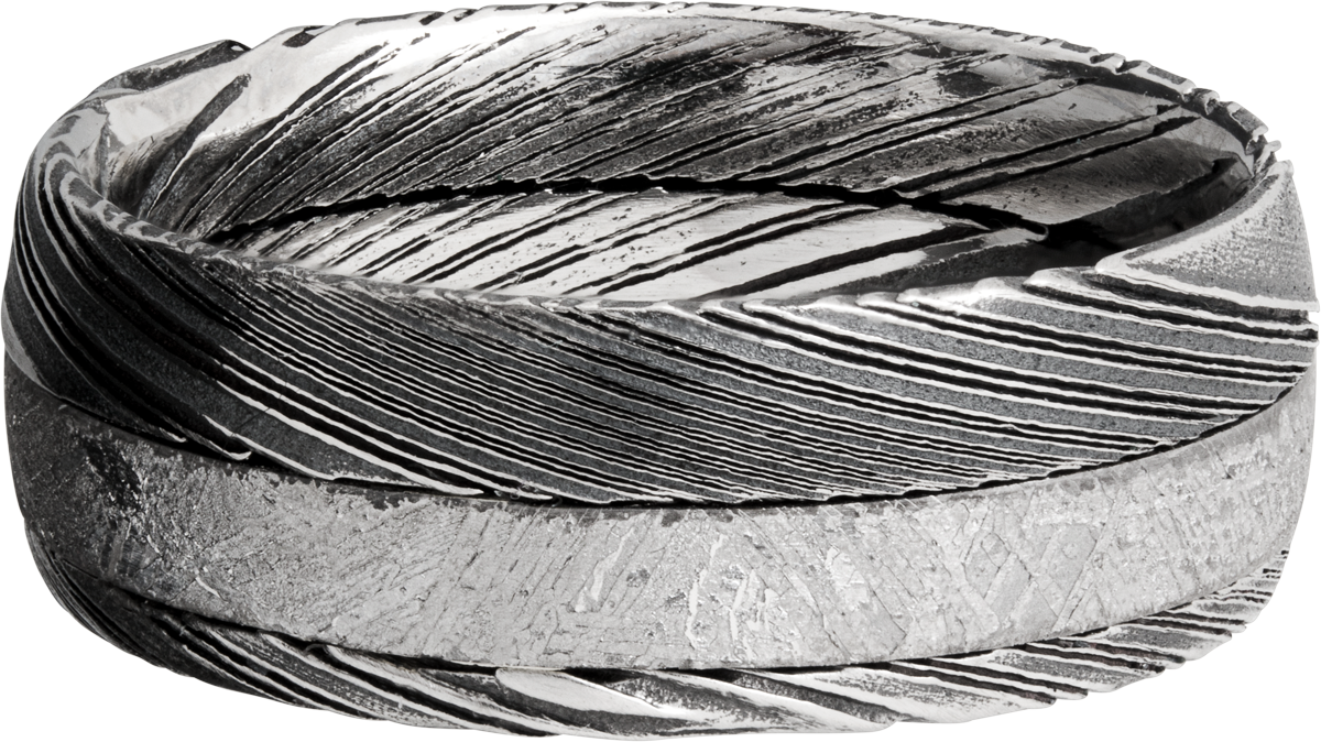 Handmade 8mm Woodgrain Damascus steel band with an off center inlay of authentic Gibeon meteorite