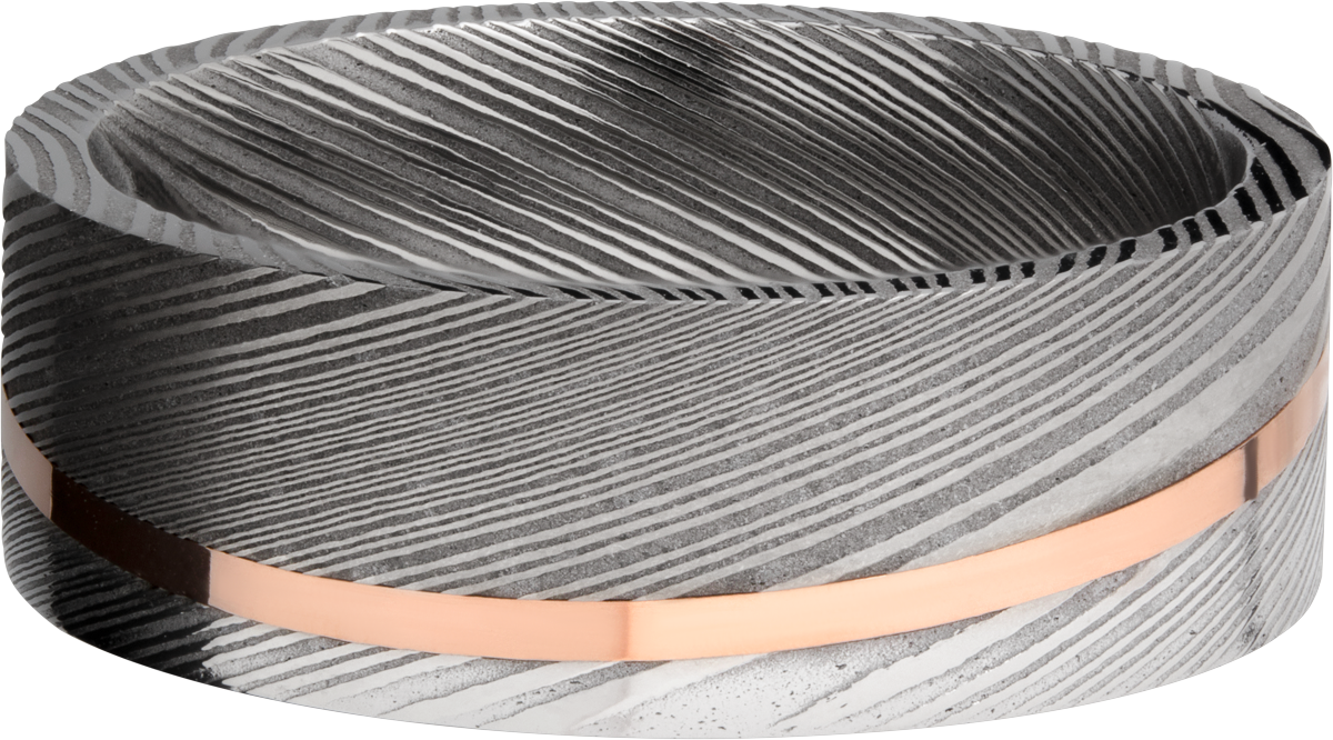 Handmade 8mm Damascus steel band with an angled inlay of 14K rose gold