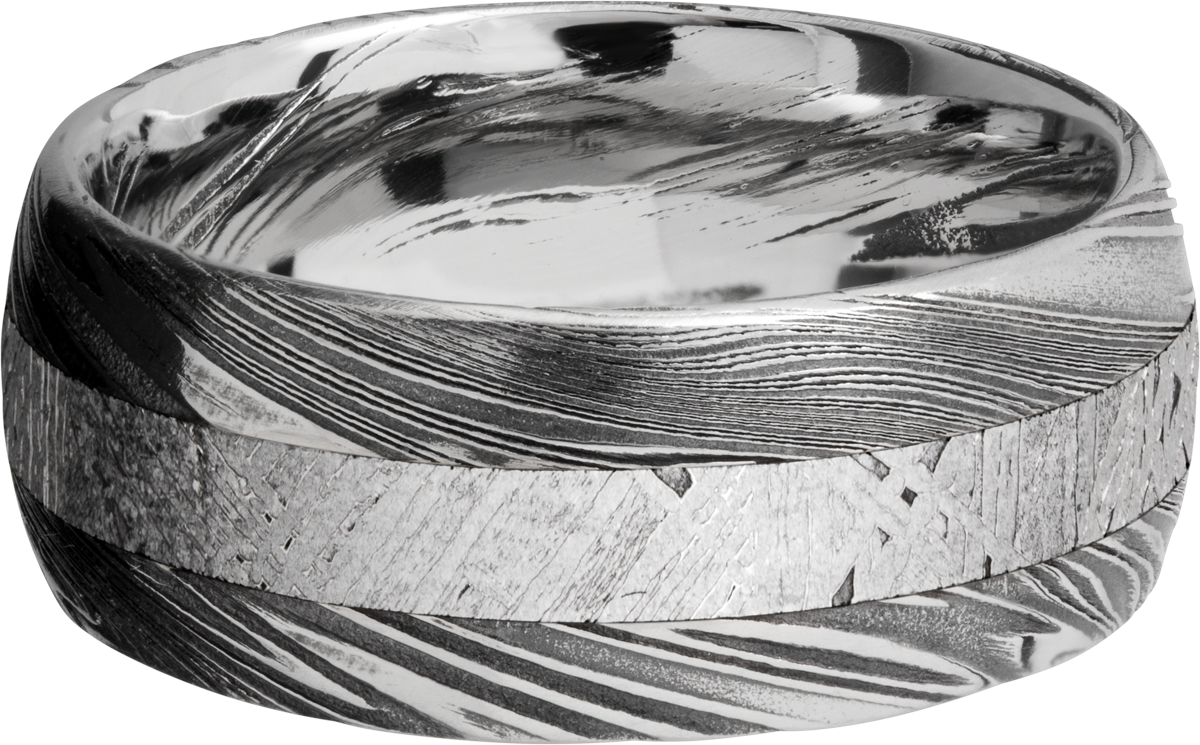 Handmade 9mm Woodgrain Damascus steel band with an inlay of authentic Gibeon Meteorite