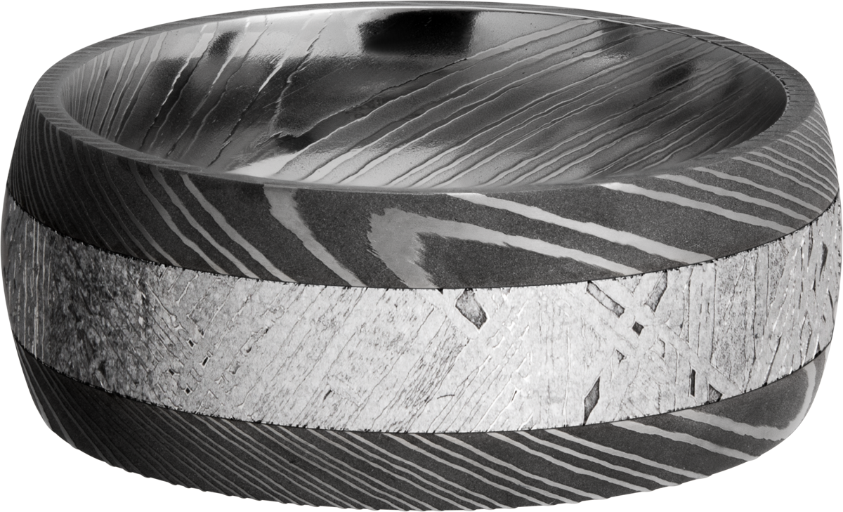 Handmade 9mm Damascus steel band with an inlay of authentic Gibeon Meteorite