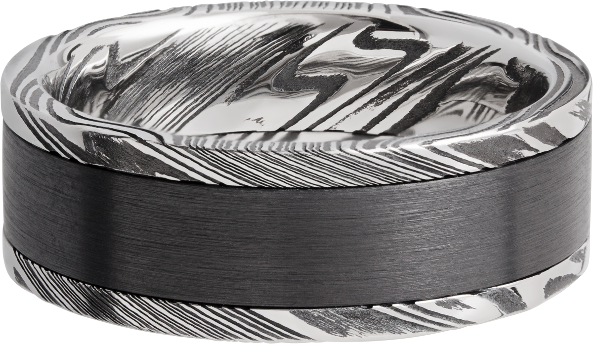 Handmade 8mm handmade woodgrain Damascus steel flat band with an inlay of black Zirconium