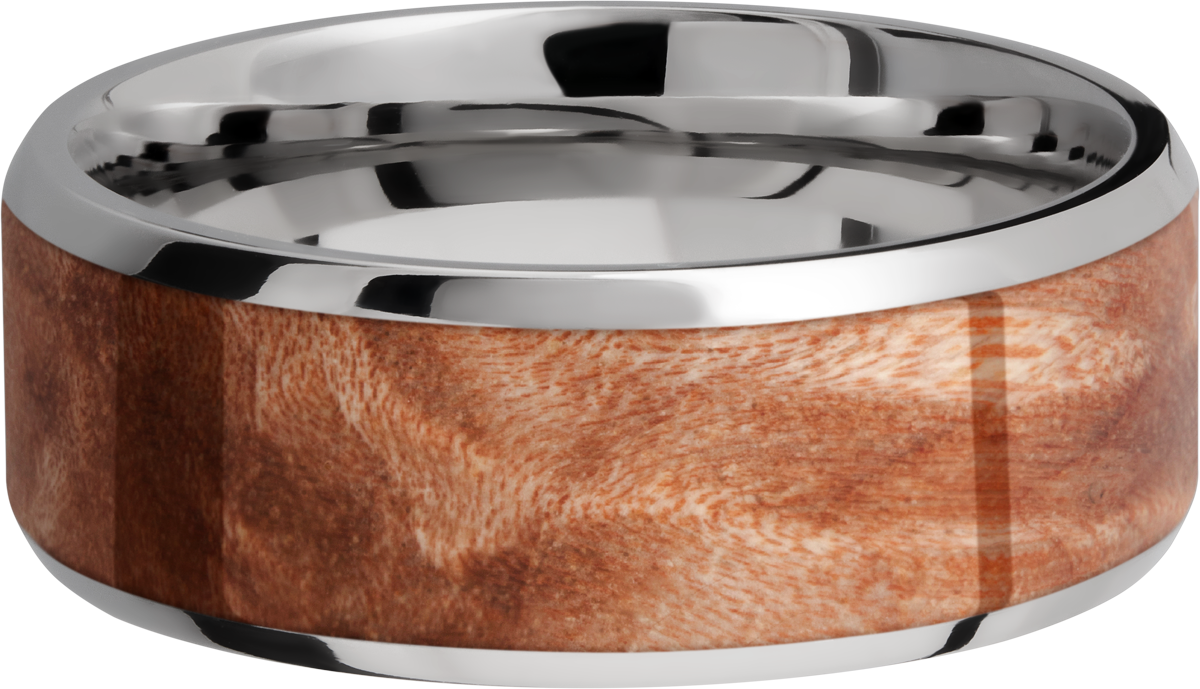 Titanium 8mm beveled band with an inlay of Mapleburl hardwood