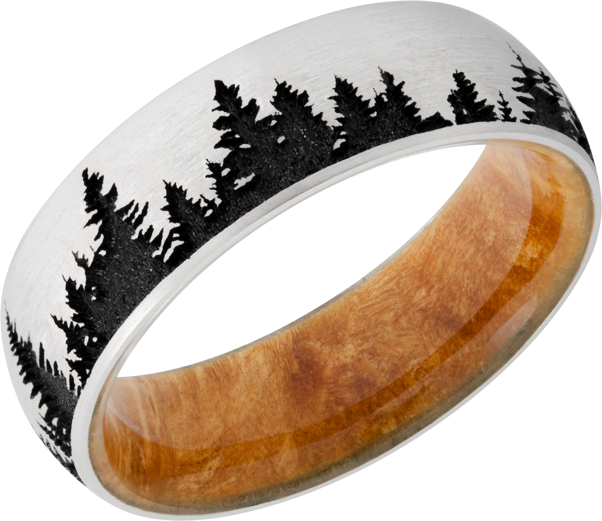 Cobalt chrome 7mm domed band featuring a laser-engraved tree pattern and a hardwood sleeve of Boxelder Burl