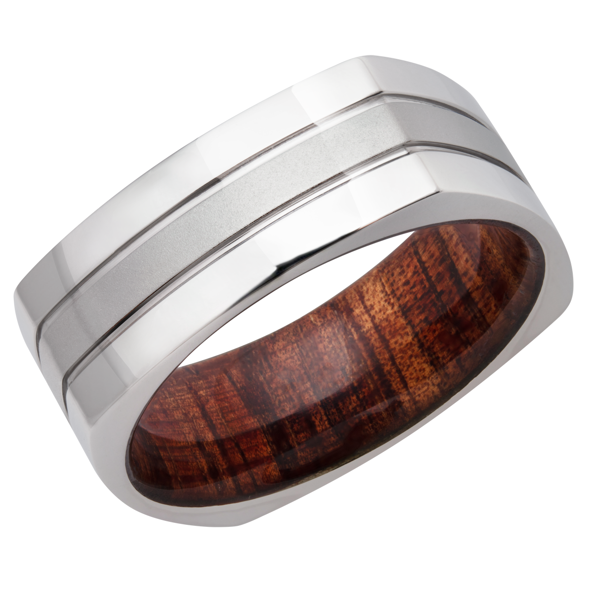Cobalt chrome 8mm flat square band with a hardwood sleeve of Koa