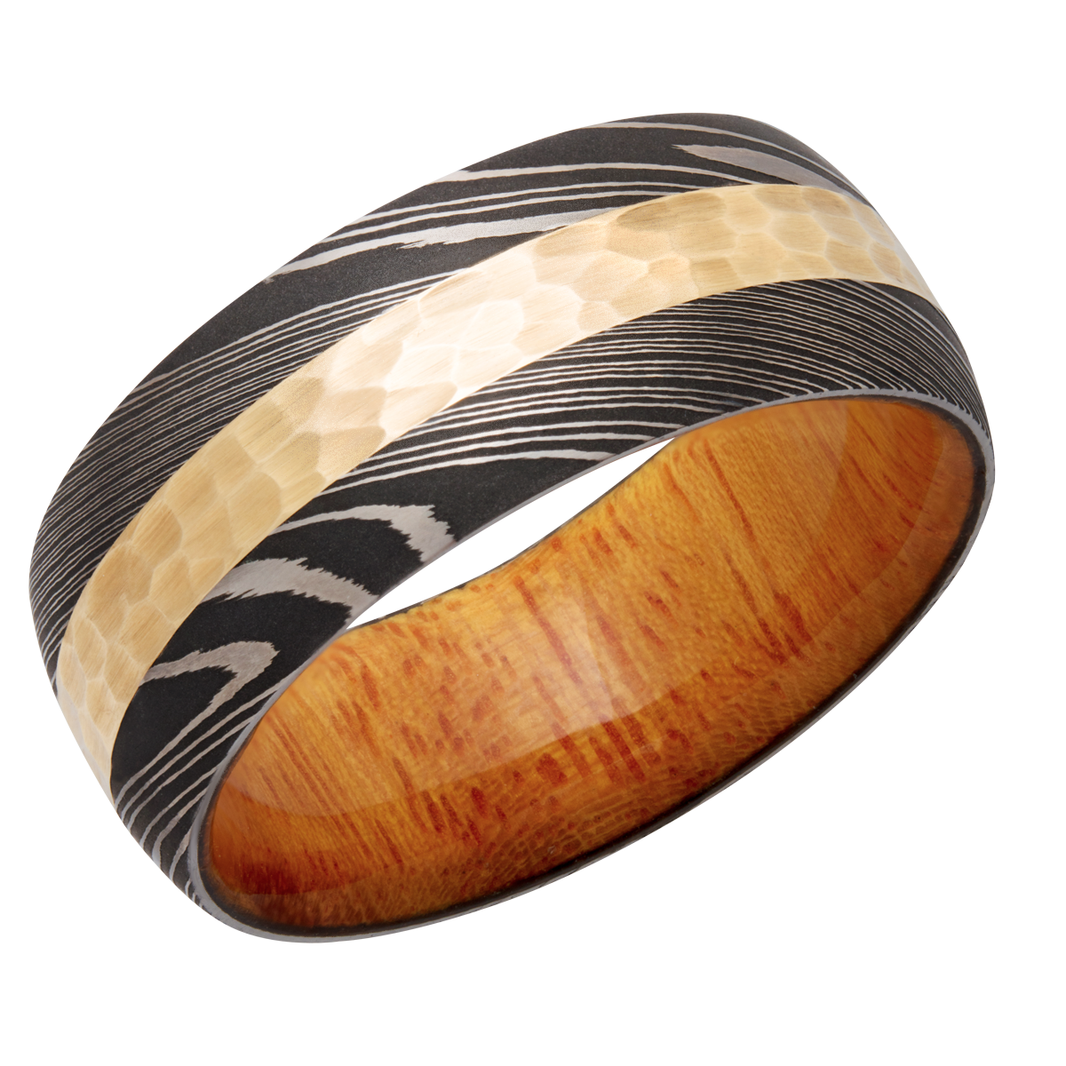 Handmade 9mm Damascus steel domed band with an inlay of 14K yellow gold and a hardwood sleeve of Osage Orange