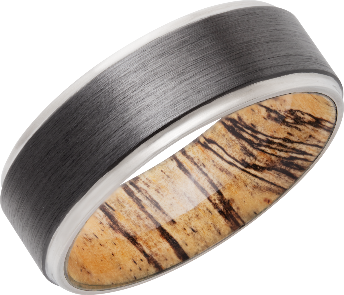 Zirconium 8mm flat band with grooved edges and a hardwood sleeve of Spalted Tamarind