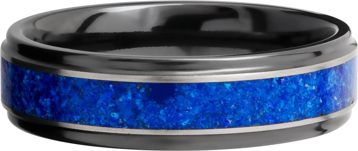 Zirconium 6mm flat band with grooved edges and a mosaic inlay of Lapis