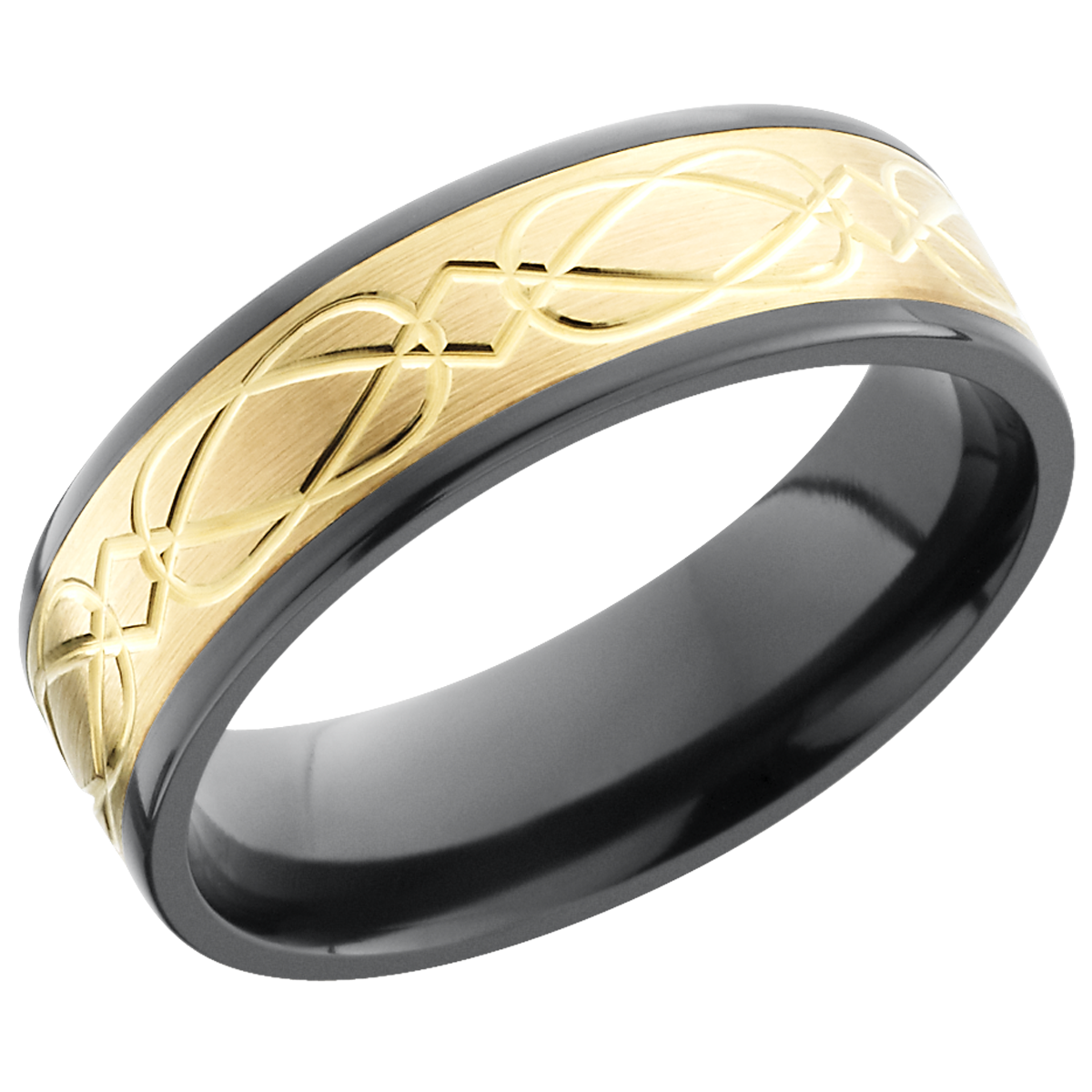 Zirconium 7mm flat band with a laser-carved celtic pattern in an inlay of 14K yellow gold