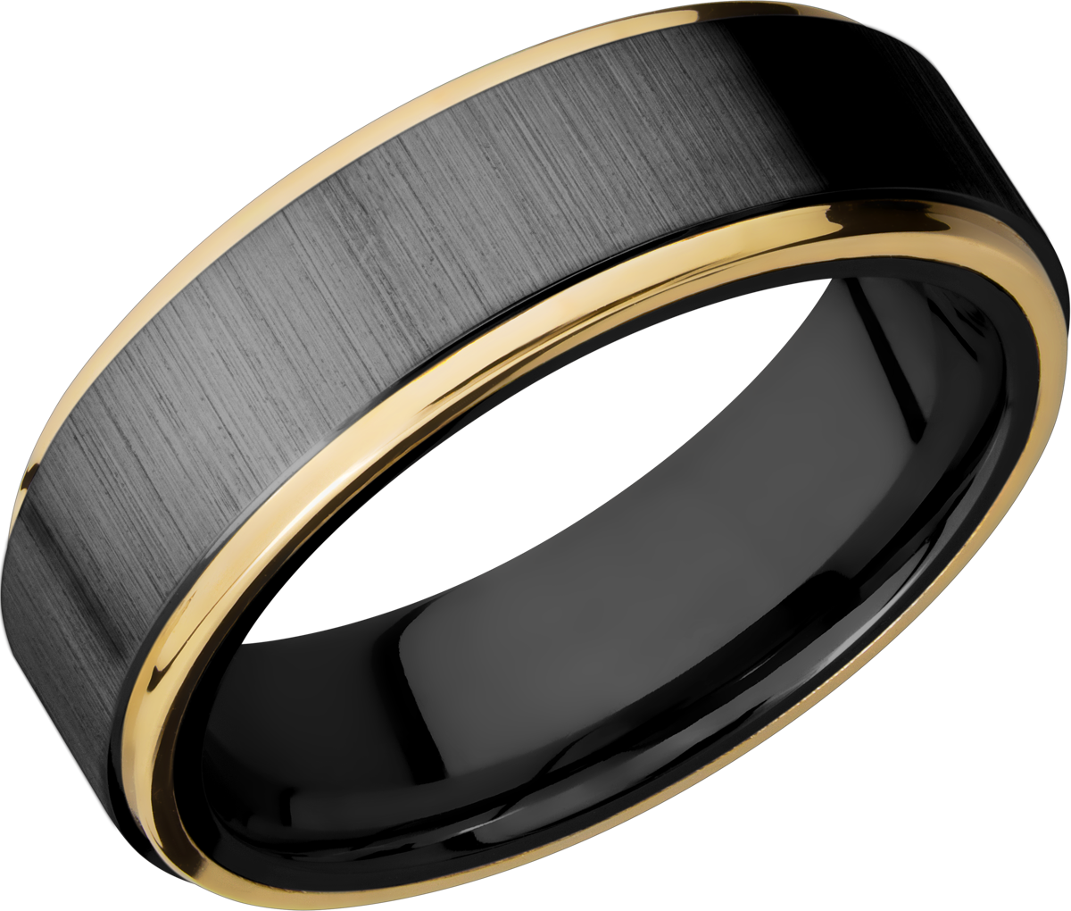 Zirconium 7mm flat band with 14K yellow gold grooved edges