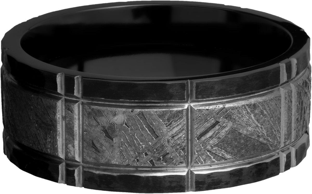 Zirconium 8mm flat band with an inlay of authentic Gibeon Meteorite