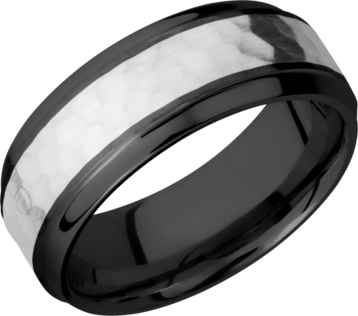 Zirconium 8mm beveled band with an inlay of sterling silver