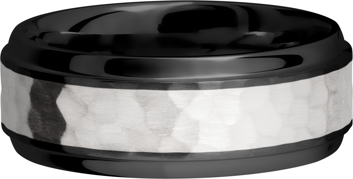 Zirconium 8mm beveled band with an inlay of sterling silver