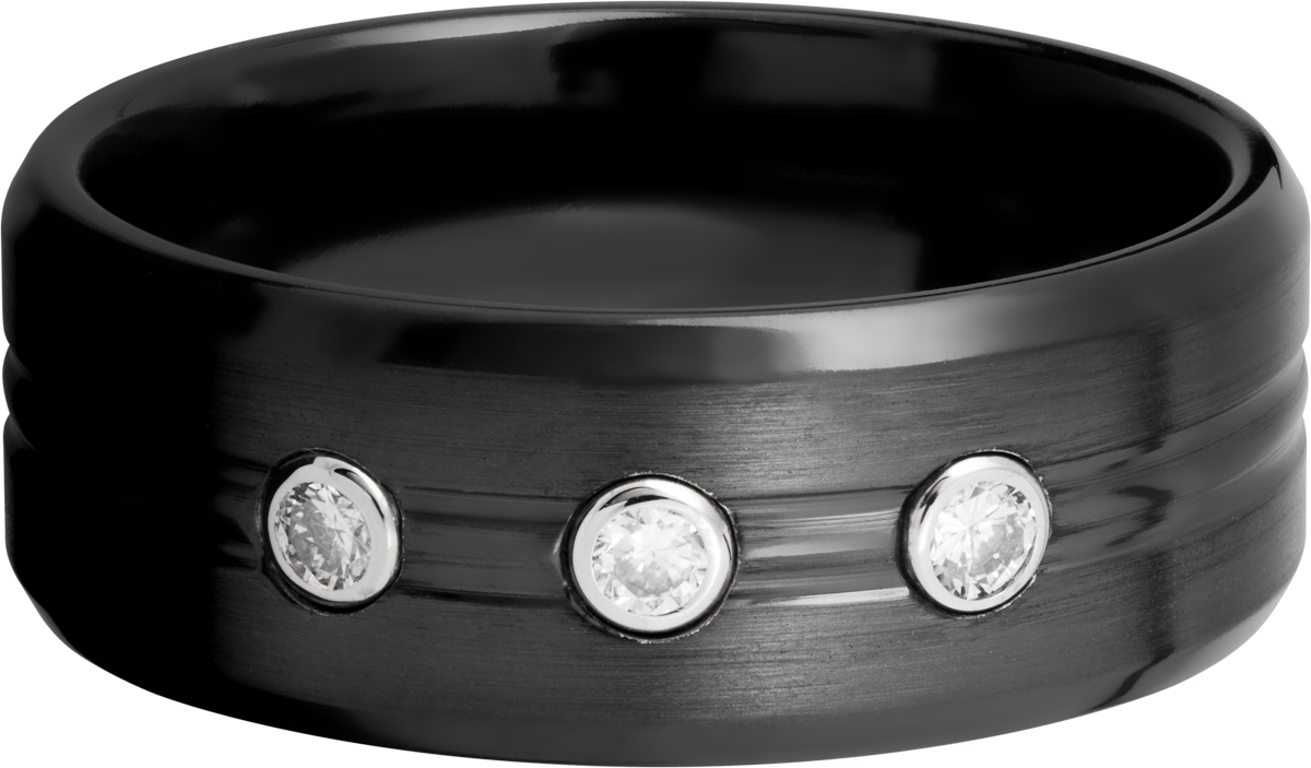 Zirconium 8mm beveled band with 3, .05ct bezel-set diamonds