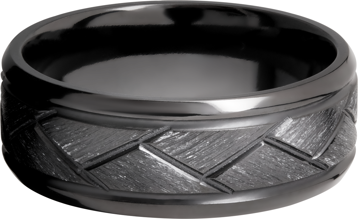 Zirconium 8mm beveled band with a laser-carved flat weave pattern