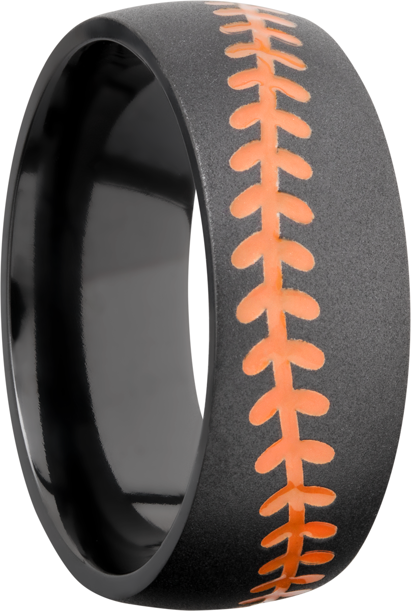 Zirconium 8mm domed band with a laser-carved baseball stitch and orange Cerakote in the recessed stitching