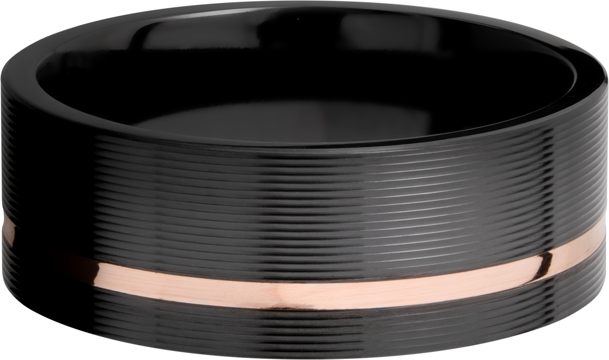 Zirconium 8mm flat band with an off center inlay of 14K rose gold