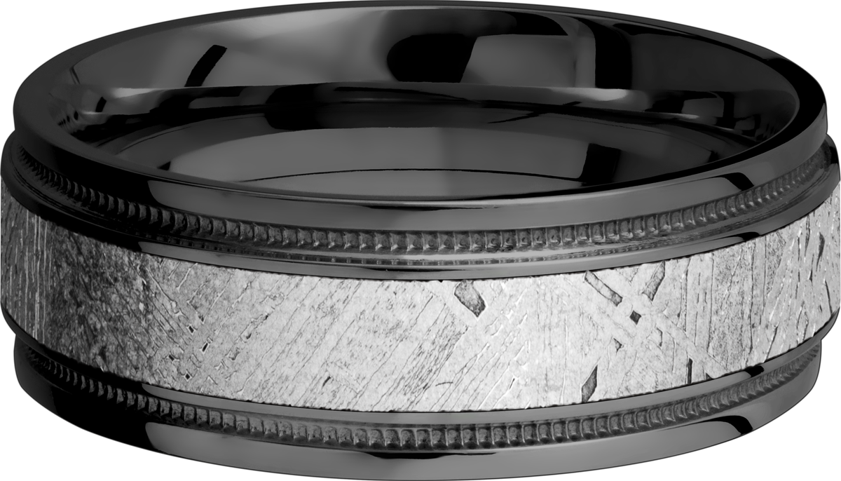 Zirconium 8mm flat band with reverse milgrain and an inlay of authentic Gibeon Meteorite