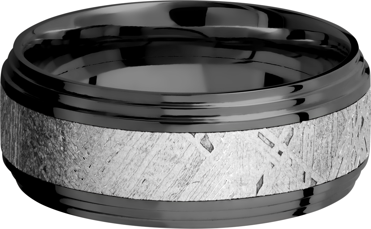 Zirconium 9mm flat band with two steps and an inlay of authentic Gibeon Meteorite