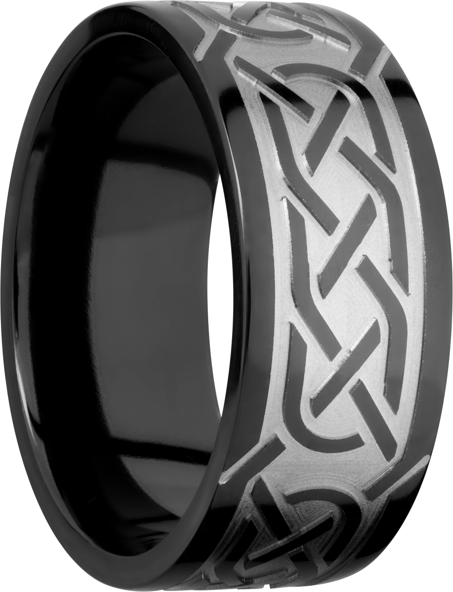 Zirconium 9mm flat band with a laser-carved celtic pattern