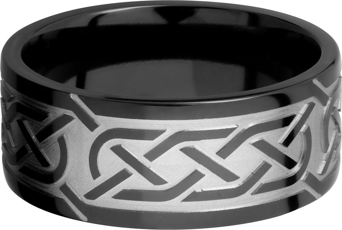 Zirconium 9mm flat band with a laser-carved celtic pattern