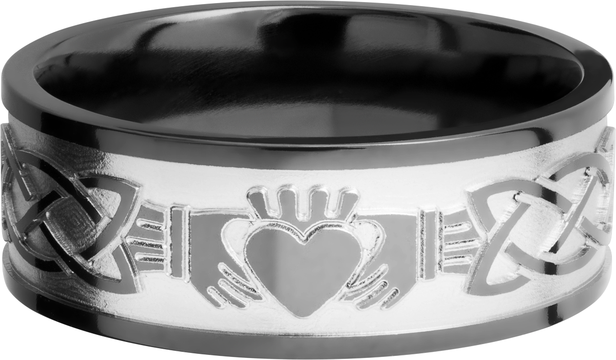 Zirconium 9mm flat band with a laser-carved claddagh celtic pattern