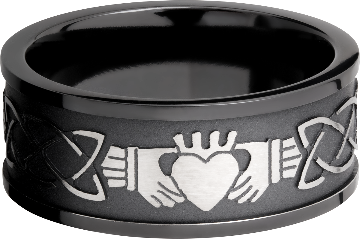 Zirconium 9mm flat band with a laser-carved claddagh celtic pattern
