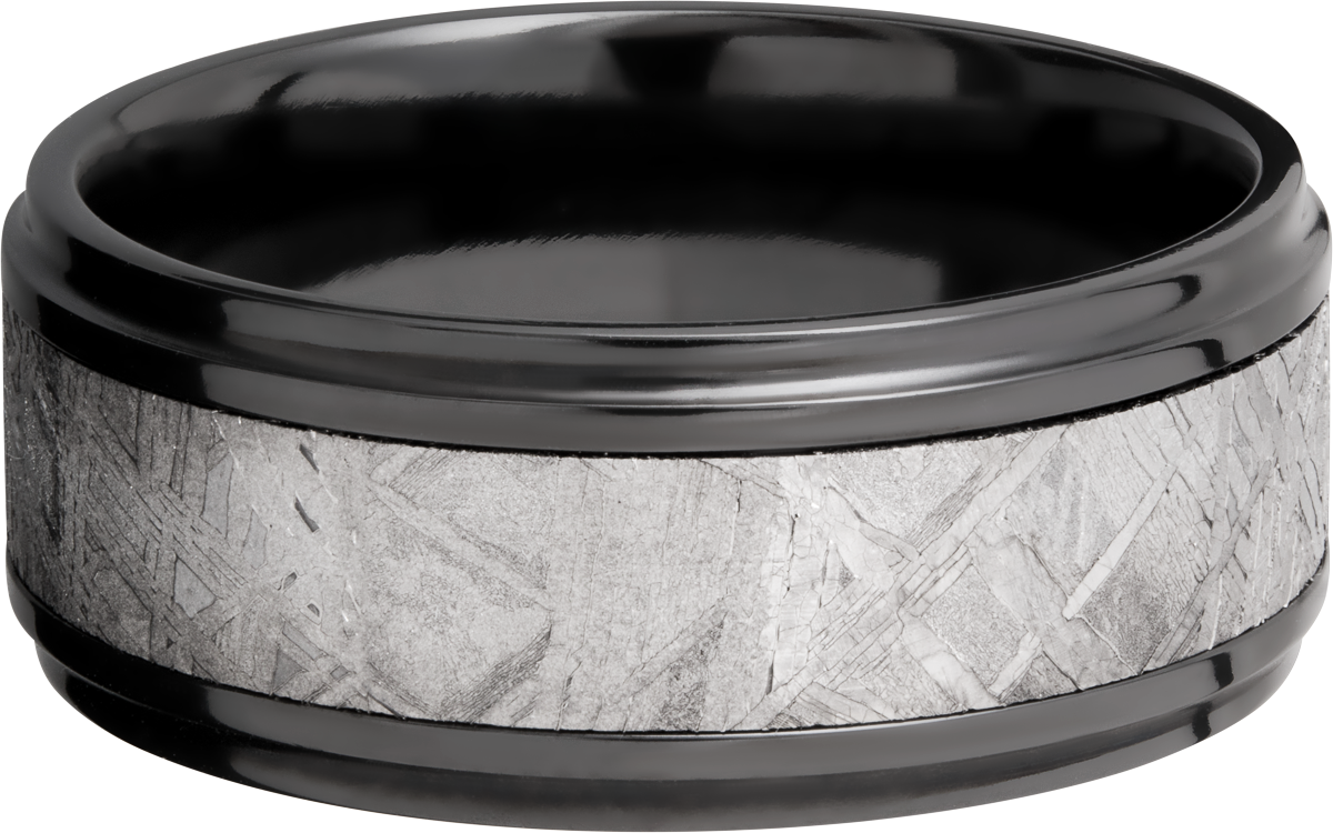 Zirconium 9mm flat band with an inlay of authentic Gibeon Meteorite