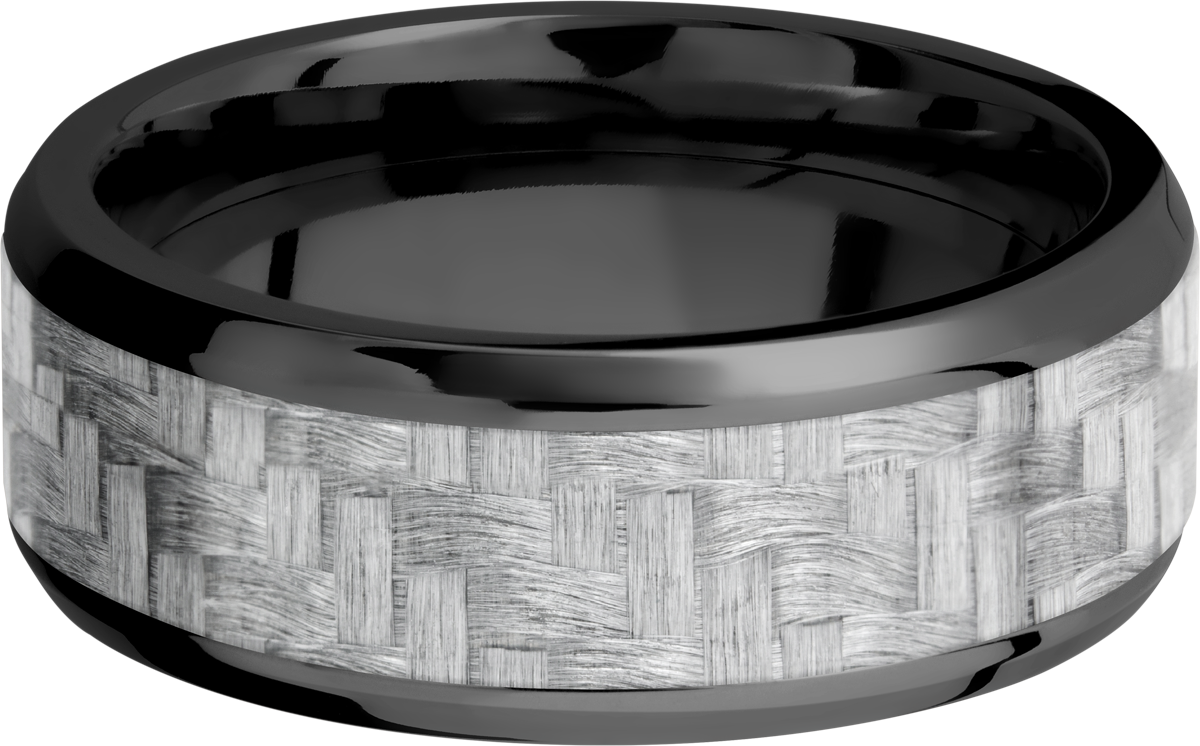Zirconium 8mm beveled band with a 5mm inlay of silver Carbon Fiber