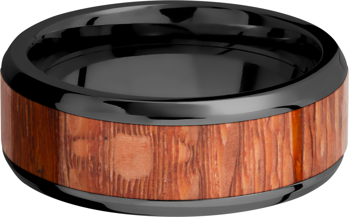 Zirconium 8mm beveled band with an inlay of Leopard hardwood