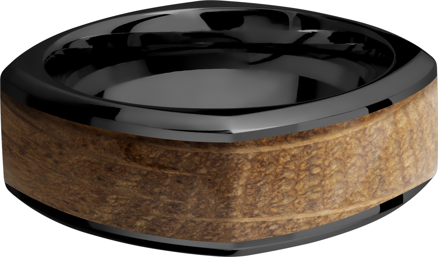 Zirconium 8mm beveled square band with an inlay of Whiskey Barrel hardwood