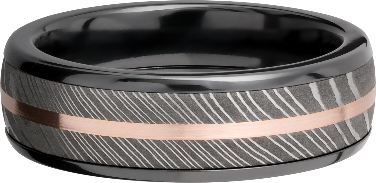 Zirconium domed 7mm band with a 5mm inlay of handmade Damascus steel and a 1mm inlay of 14K rose gold