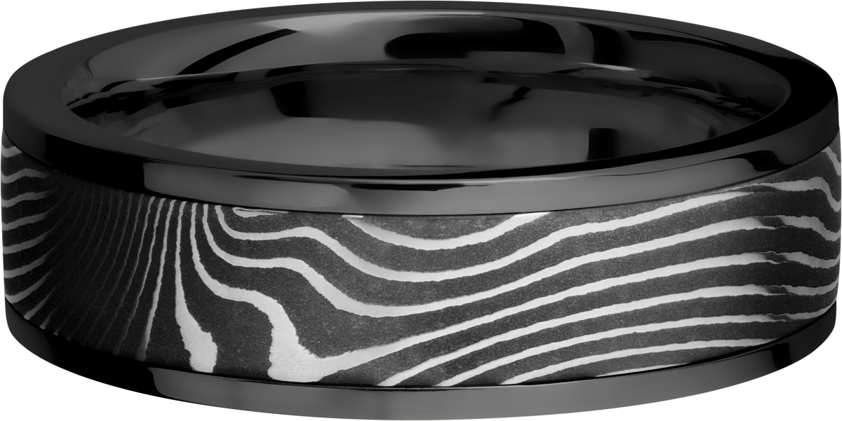 Zirconium flat 7mm band with a 5mm inlay of handmade flattwist Damascus steel