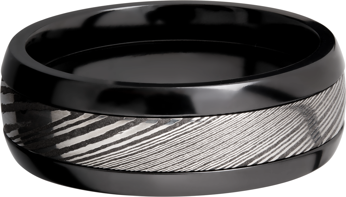 Zirconium domed 8mm band with a 4mm inlay of handmade Damascus steel