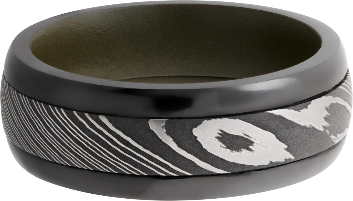 Zirconium pressed fit 8mm domed band with a 4mm inlay of Damascus steel and a Cerakote sleeve
