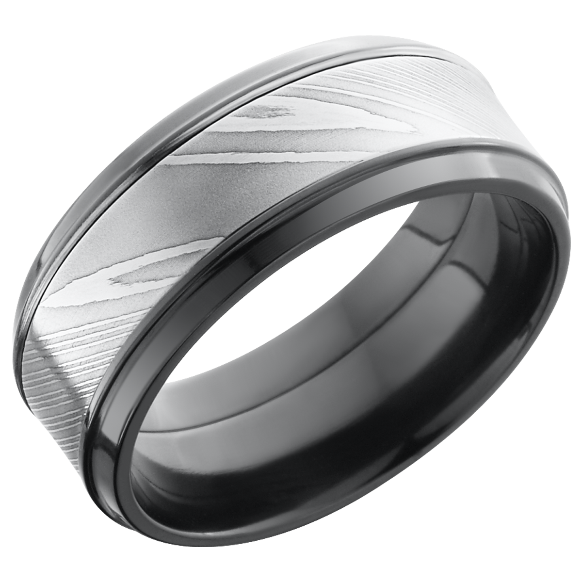 Zirconium 9mm beveled band with an inlay of handmade Damascus steel