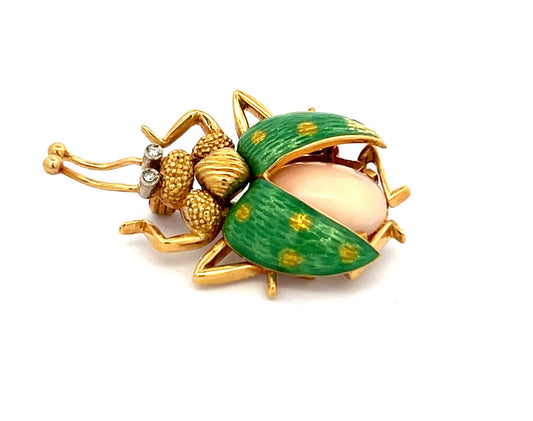 Vintage Coral, Enamel and Diamond Beetle Brooch