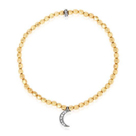A Moon Silver Pave Diamond Charm Dangiling from Square Beaded Stretchy Bracelet