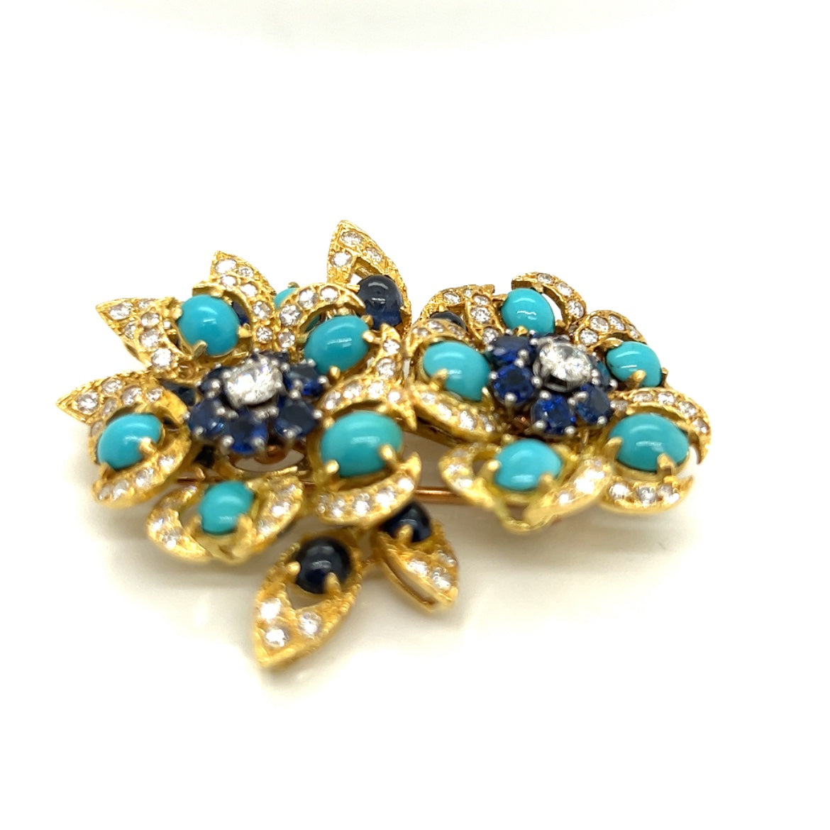 Vintage Double Floral Brooch with Blue Sapphire, Turqouise, Diamonds.