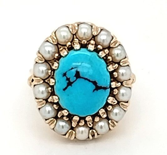 Turquoise Ring With Pearl Halo