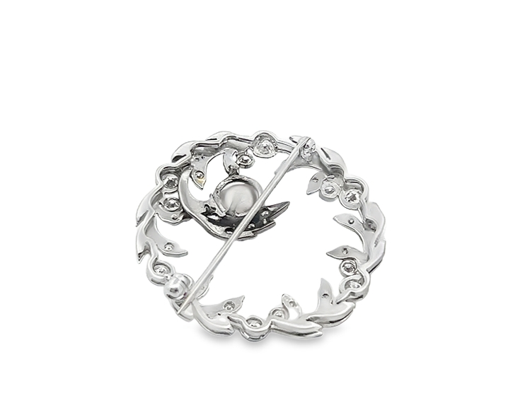 Vintage Cirlce Vine Brooch With Diamonds And A Pearl