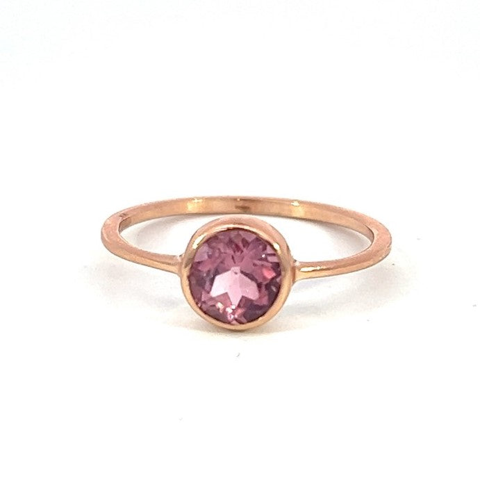 Pink Tourmaline Gemstone Round Bezel Set Stacking Ring