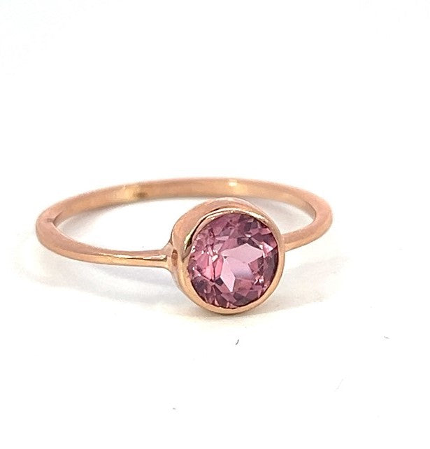 Pink Tourmaline Gemstone Round Bezel Set Stacking Ring