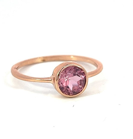 Pink Tourmaline Gemstone Round Bezel Set Stacking Ring