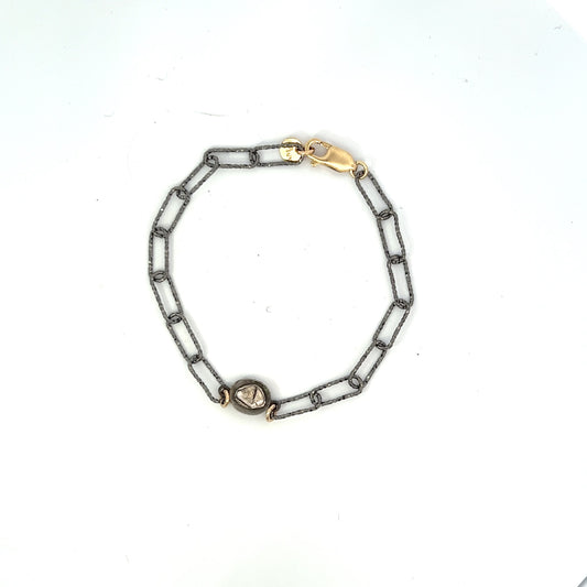 Rose Cut Diamond Bracelet  Oxidized Sterling Silver Paperclip Chain.