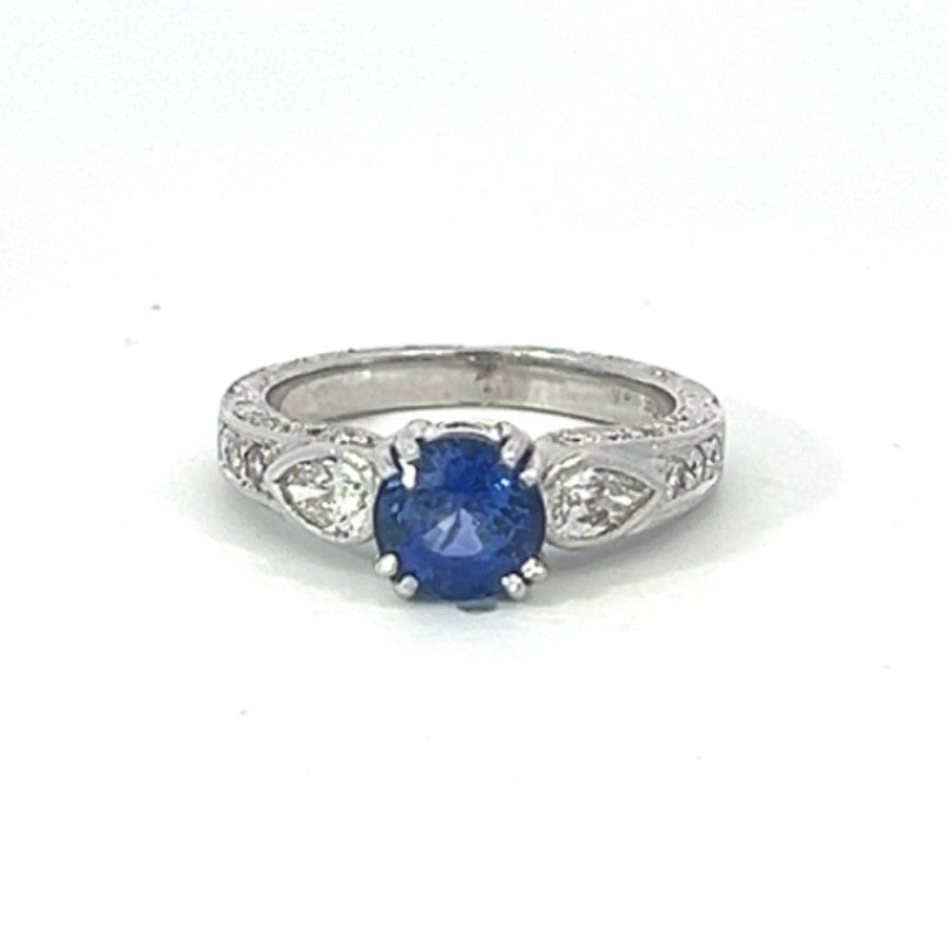 Sapphire with Pear Shape Diamond Accents and Beautiful Hand Engraving Ring