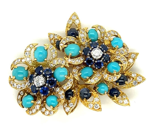 Vintage Double Floral Brooch with Blue Sapphire, Turqouise, Diamonds.