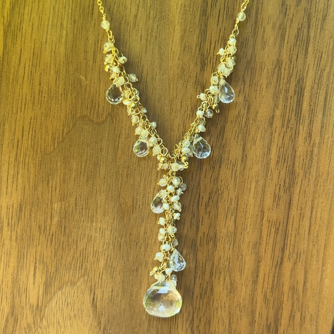 White Topaz Drop With Tiny Seed Pearls Necklace