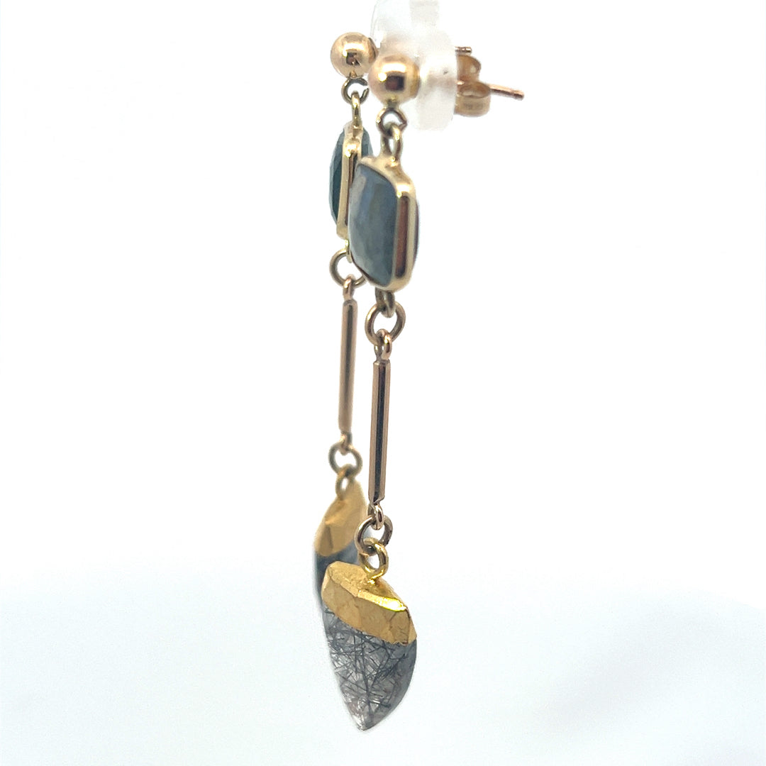 Labradorite Cube Bezel Set Drop Earrings  With Rutilated Quartz Dangles  Earrings